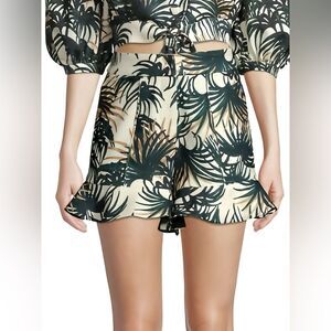 PATBO High Waisted Ruffled Tropical Palm Shorts. Dark Green / Ivory. Size 0.